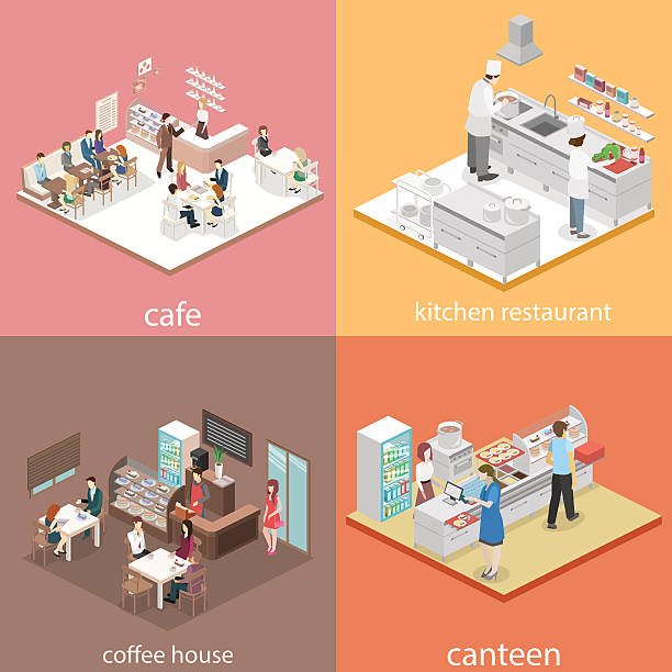 ilustrații de stoc cu izometric plat 3d concept vector cafenea interioara, cantina, bucatarie restaurant. - bucătărie comercială