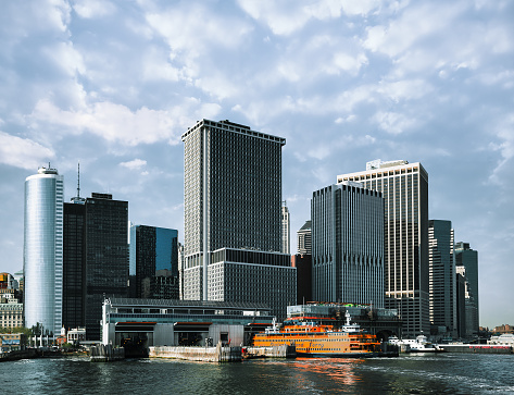 New York, United States - May 4, 2015: Staten Island Ferry Whitehall Terminal in Lower Manhattan used by Staten Island Ferry, which connects two island boroughs of Manhattan and Staten Island in NYC