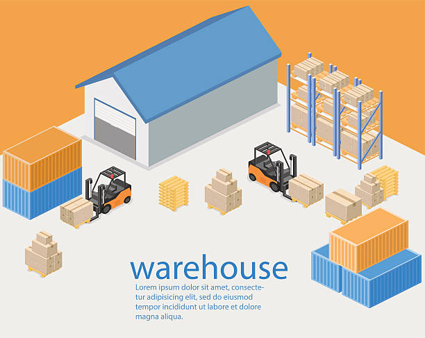 Isometric flat 3D concept vector warehouse outside. Isometric flat 3D concept vector warehouse outside. The boxes are on the shelves. stacking food containers stock illustrations