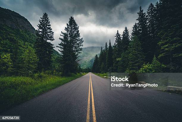 Forest Road On A Cloudy Day Stock Photo - Download Image Now - Forest, Highway, Mountain