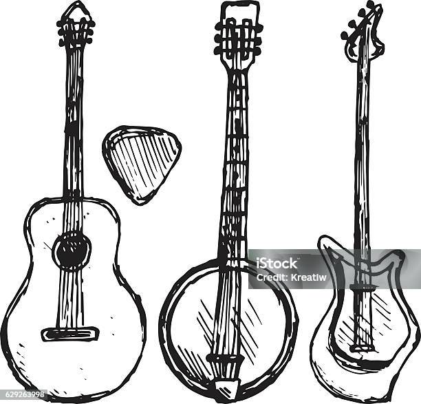 Ilustración de Plectro De Guitarra Guitarra Y Banjo y más Vectores Libres de Derechos de Banjo - Banjo, Vector, Arte cultura y espectáculos