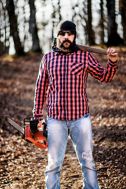 istock Lumberjack worker standing in the forest with axe and chainsaw 629264122