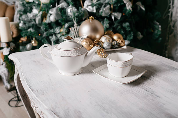 istock Christmas decorations on the table against the background of a 629273680