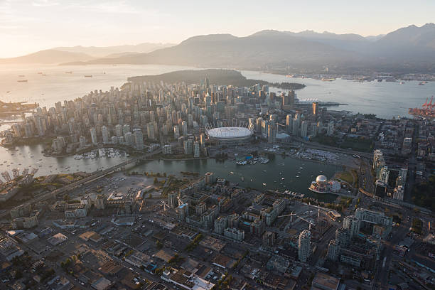 Aerial Image of Vancouver, British Columbia, Canada Aerial Image of Vancouver, British Columbia, Canada with Stanley Park, downtown and waterfront false creek stock pictures, royalty-free photos & images