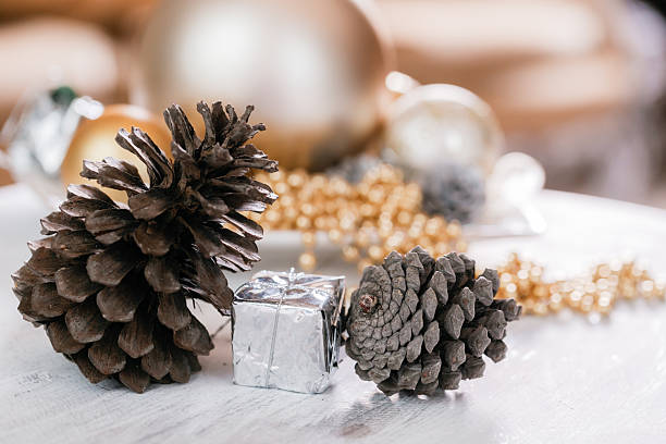 istock Different kinds cones, Christmas decorations and spruse branch on a 629274314