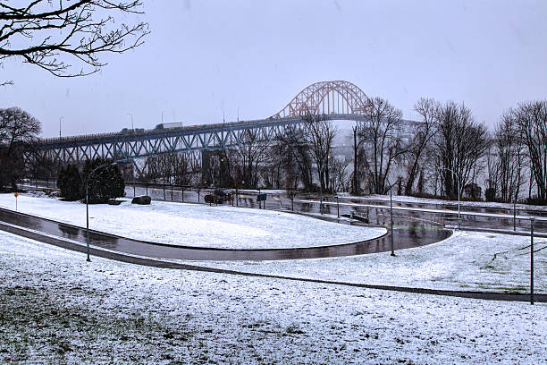 istock snowing in a park near a bridge 629275514