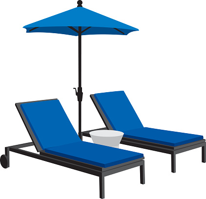 Vector silhouettes of blue patio furniture with an umbrella and end table.