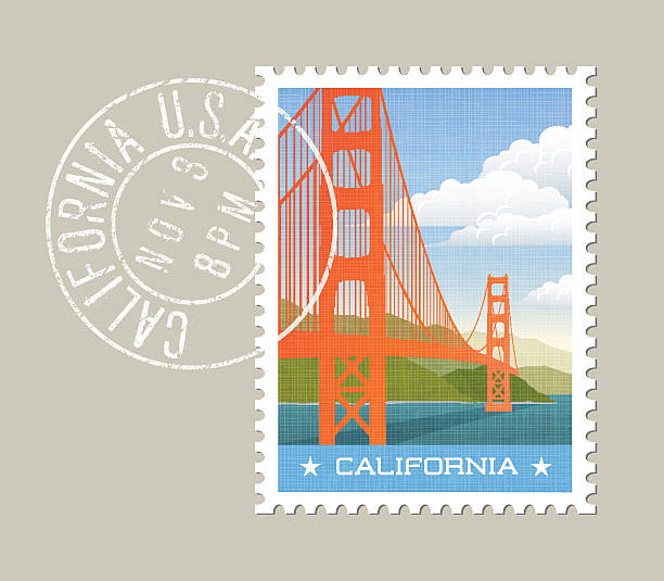 ilustraciones, imágenes clip art, dibujos animados e iconos de stock de diseño de sellos postales de california. ilustración vectorial del puente golden gate. - san francisco