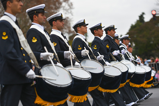Buenos Aires, Argentina - July 11, 2016: Members of the Argentine military band perform at the parade during celebrations of the bicentennial anniversary of Argentinean Independence day.
