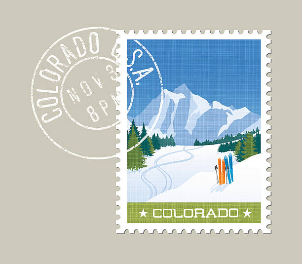 Colorado postage stamp design. Skiing in rocky mountains. Colorado postage stamp design. Vector illustration of skiing tracks in mountains. Grunge postmark on separate layer colorado illustrations stock illustrations