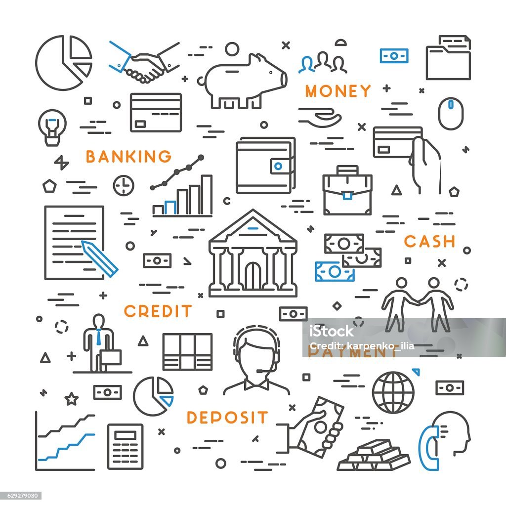 Basic Banking Graphics Vector Line Concept For Banking Stock Illustration - Download Image Now ...