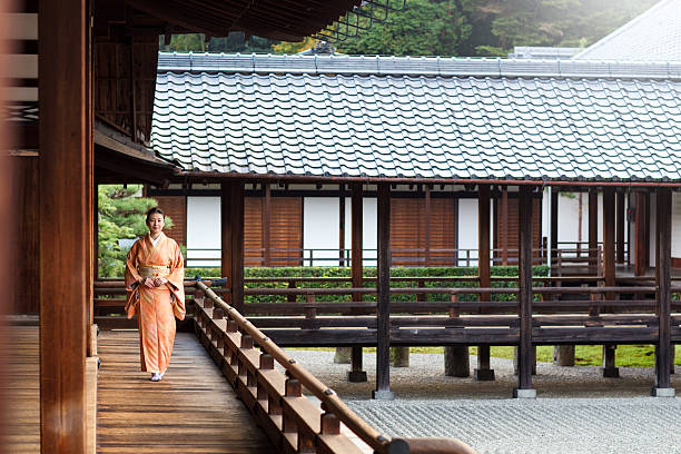 A woman wearing a a kimono walking through a temple.