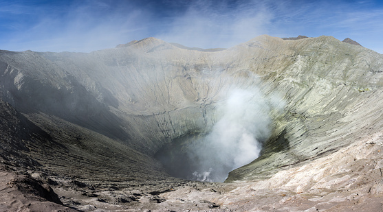 Panorama bromo vocalno crater with gas smoke, East Java, Indonesia