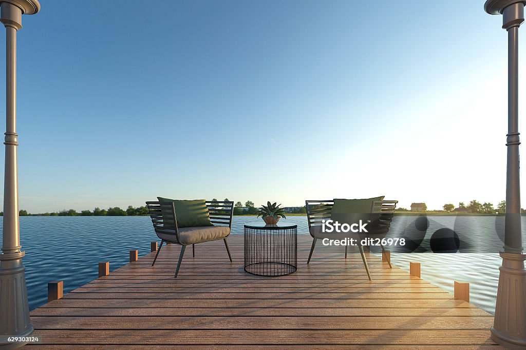 3d rendering beach armchair set on wood terrace near sea 3d rendering by 3ds max 2016 Balcony Stock Photo