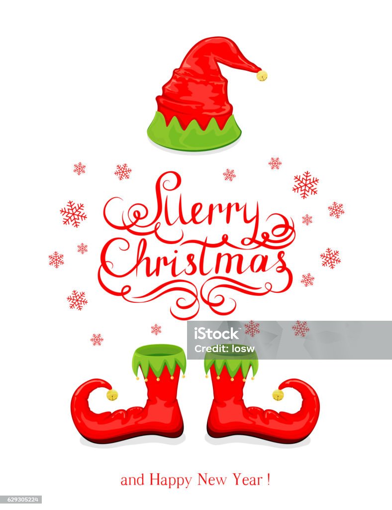 Feliz Navidad con sombrero de elfo rojo y zapatos - arte vectorial de Calzado libre de derechos