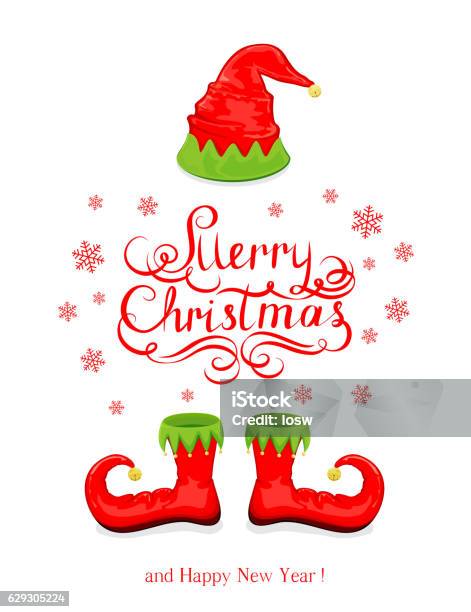 Ilustración de Feliz Navidad Con Sombrero De Elfo Rojo Y Zapatos y más Vectores Libres de Derechos de Calzado - Calzado, Elfo, Ayuda