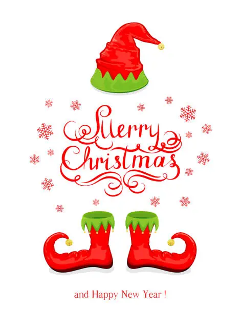 Vector illustration of Merry Christmas with red elf hat and shoes