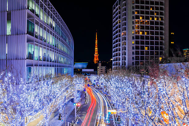 Tokyo Illuminations The Tokyo Tower can be seen in the back from Roppongi during the Christmas illuminations. tokyo prefecture tokyo tower japan night stock pictures, royalty-free photos & images