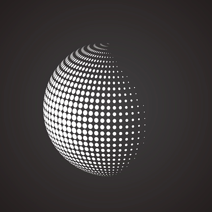 Halftone sphere. Isolated abstract earth logo white color on black background. Dotted globe vector illustration.