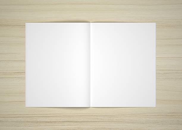 istock Blank 3D illustration opened magazine mock-up on wooden table. 629320424