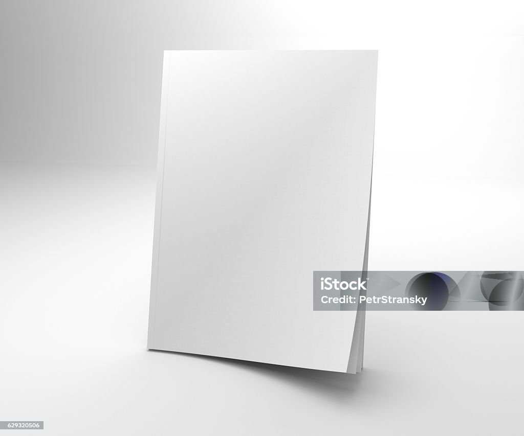 Blank opening corner 3D illustration magazine mock up. Blank opening corner magazine mock up. 3D illustration cover mock-up on gray. Magazine - Publication Stock Photo