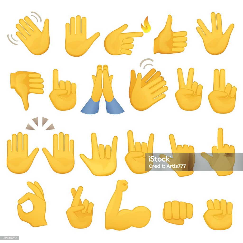 Set of hands icons and symbols. Emoji hand . Different gestures Set of hands icons and symbols. Emoji hand icons. Different gestures, hands, signals and signs, vector illustration Emoticon stock vector
