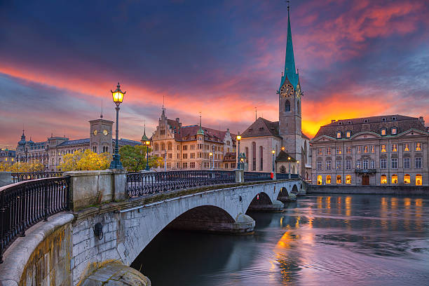 Zurich. Cityscape image of Zurich, Switzerland during dramatic sunset. arch bridge photos stock pictures, royalty-free photos & images