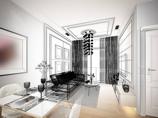 istock sketch design of living ,3dwire frame render 629341034