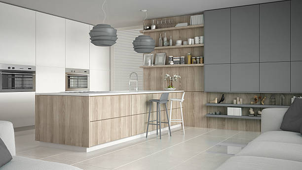 istock Minimalistic white kitchen with wooden and gray details, minimal 629341502