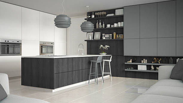 istock Minimalistic white kitchen with wooden and gray details, minimal 629341620