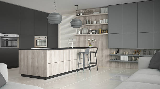 istock Minimalistic gray kitchen with wooden and gray details, minimal 629341876