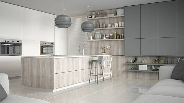 istock Minimalistic white kitchen with wooden and gray details, minimal 629342110