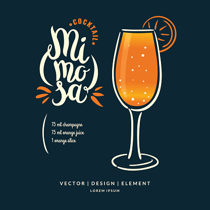 Modern hand drawn lettering label for alcohol cocktail Mimosa. Calligraphy brush and ink. Handwritten inscriptions for layout and template. Vector illustration of text.