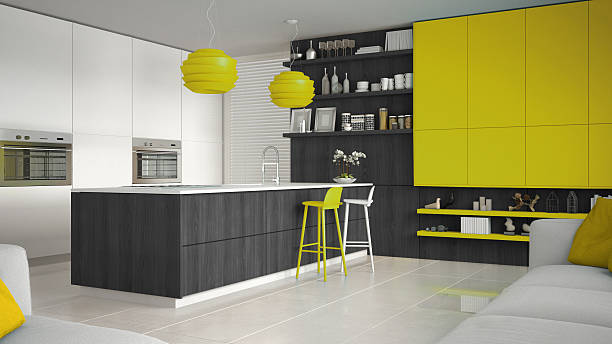 istock Minimalistic white kitchen with wooden and yellow details, minim 629342768