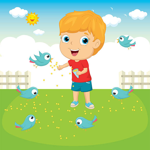 kuvapankkikuvitukset aiheesta vektorikuva lintuja ruokkivasta lapsesta - keltahupputurpiaali