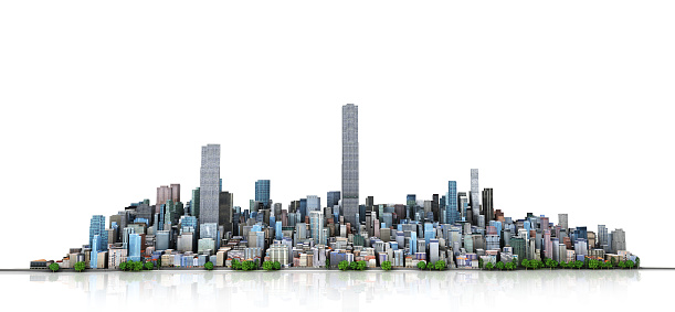 Urban skyline. View to modern city from high-rise buildings on white background. 3d illustration