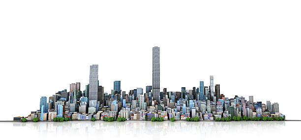 Urban skyline. Urban skyline. View to modern city from high-rise buildings on white background. 3d illustration vanishing point stock pictures, royalty-free photos & images