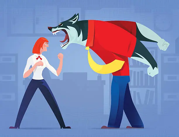 Vector illustration of woman defending against business wolf