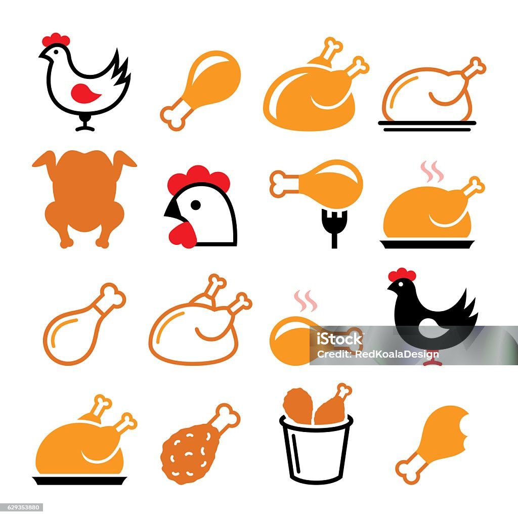 Chicken, fried chicken legs - food icons set Vector icons set - chicken leg, chicken dish vector icons set  Chicken - Bird stock vector