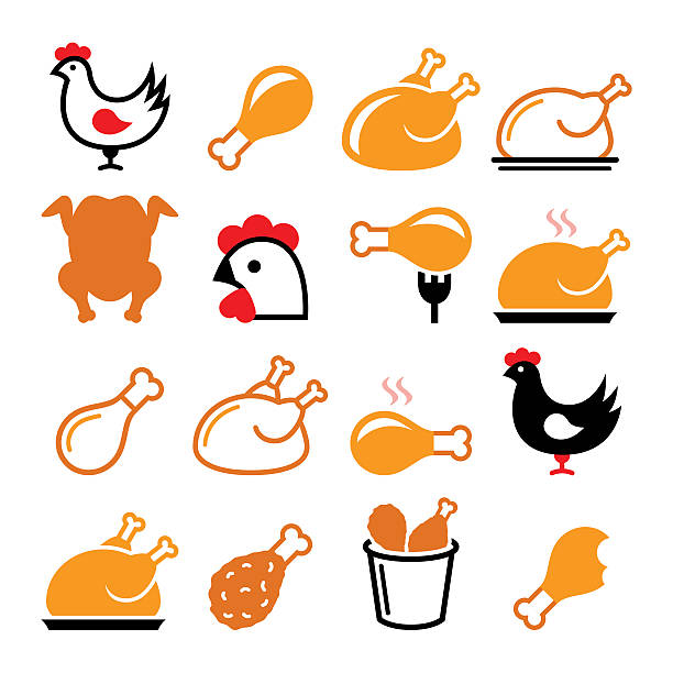 Chicken, fried chicken legs - food icons set Vector icons set - chicken leg, chicken dish vector icons set  chicken meat illustrations stock illustrations