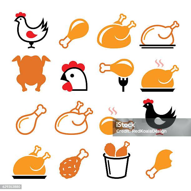 Chicken Fried Chicken Legs Food Icons Set Stock Illustration - Download Image Now - Chicken - Bird, Turkey - Bird, Turkey Meat