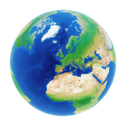 Earth globe isolated on white background with Arctic, Europe and part of Americas, Africa and Asia visible. Clouds and Arctic Ocean ice have been removed as an indication of climate change and global warming. Also showing the bathymetry of the seas. Clipping path included.  