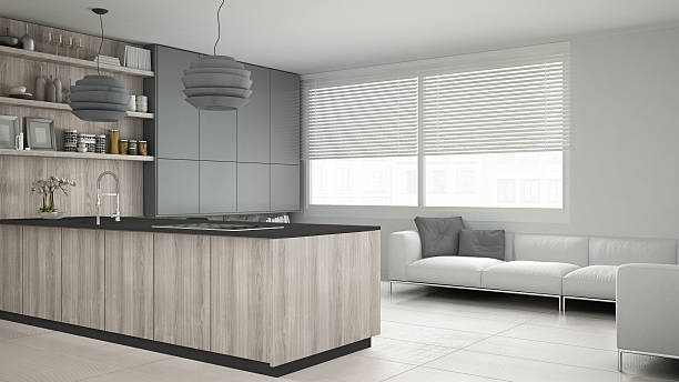istock Minimalistic gray kitchen with wooden and gray details, minimal 629354662