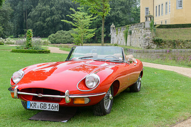 stylish bride and happy groom near red retro car on the background of nature
