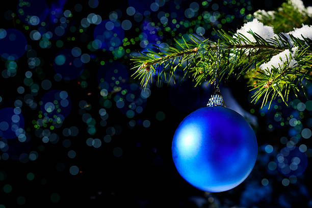 istock Christmas tree branch with snow and blue ornament 629355556