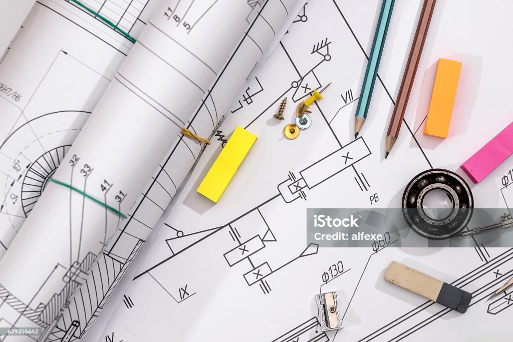 Technical Drawing Detail And Several Drawing Tools Stock Photo ...