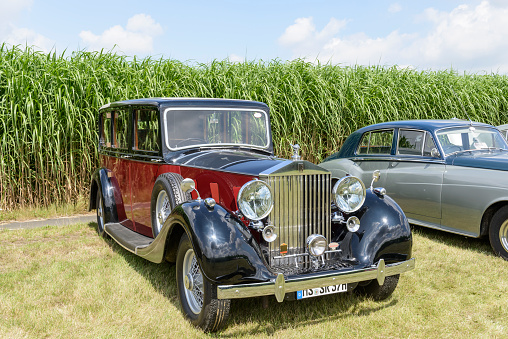 Jüchen, Germany - August 5, 2016: Rolls-Royce 20/25 vintage British  classic car. The Rolls-Royce 20/25 built between 1929 and 1936. The car is on display during the 2016 Classic Days at castle Dyck. The car is displayed in a field.