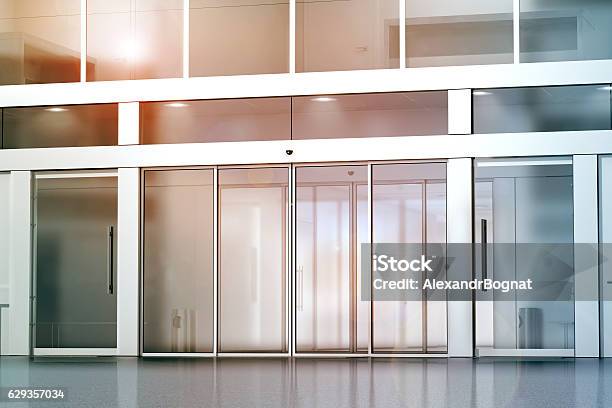 Blank Sliding Glass Doors Entrance Mockup Stock Photo - Download Image Now - Door, Sliding Door, Building Entrance