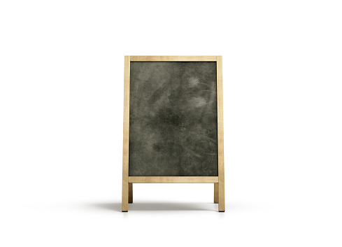 Blank outdoor chalkboard stand mockup, isolated, front view, 3d rendering. Clear street signage with blackboard mock up. A-board with wooden frame template. Bar or restaurant welcome easel.