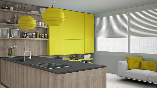 istock Minimalistic gray kitchen with wooden and yellow details, minima 629357698